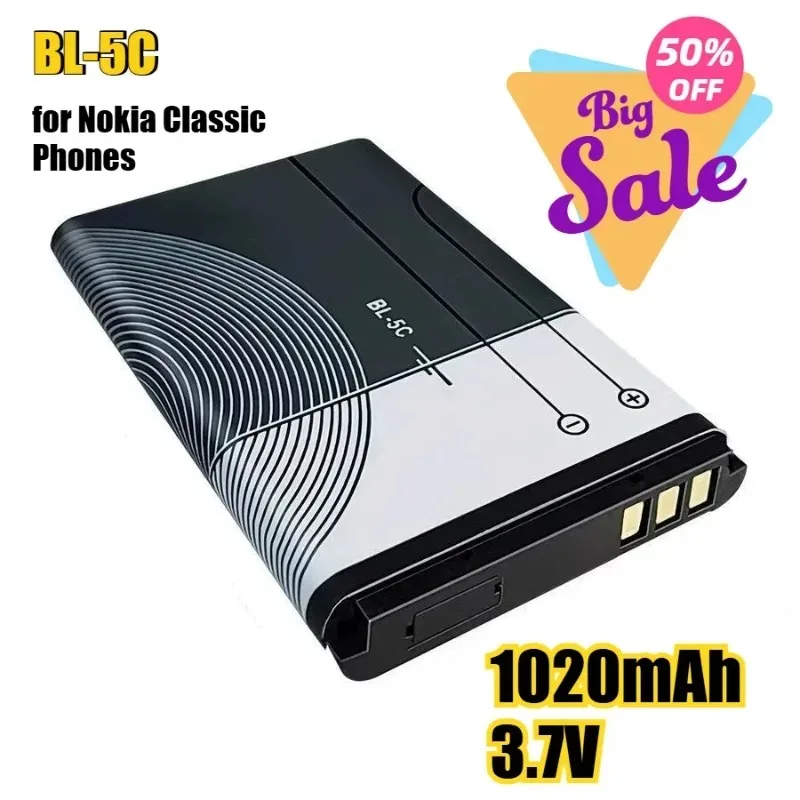 Long Lasting BL-5C 1020mAh 3.7V Li-ion Battery Durable Rechargeable Cell for Nokia Classic Phones 5130 2610 1110 1682C 1010 1280