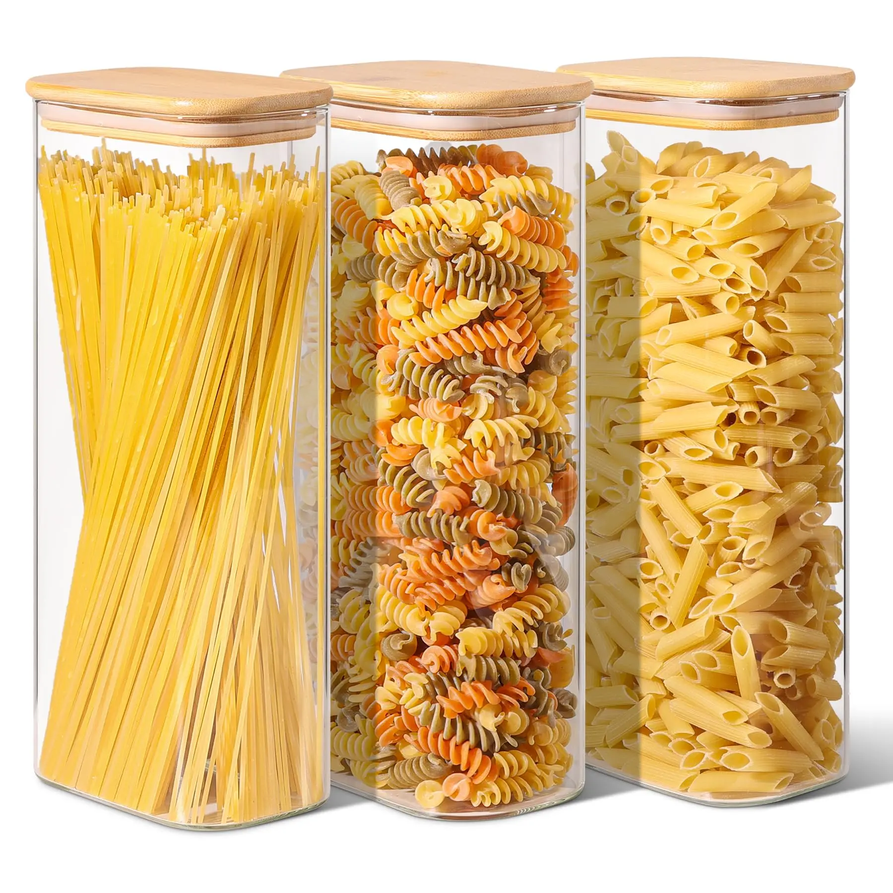 Rectangle Clear Storage Jars with Bamboo Lids For Sugar Coffee Pantry Organizer Container for Pasta Tea Candy Nuts
