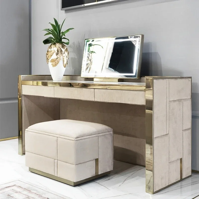 JJ Italian light luxury medieval dresser master bedroom high-grade matte leather makeup table with lamp makeup mirror