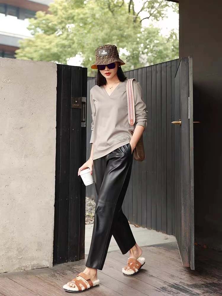 

High Waist Slim Fit eepskin Leather Pants 2025 Spring Autumn Sle Casual Trousers Faionable All-Match Cone Straight Legg...