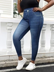 Plus Size Women Leggings Imitatie Jeans Bedrukte Broek Dames Hoge Elasticiteit Gebreide Basisstijl Dagelijkse Skinny Broek