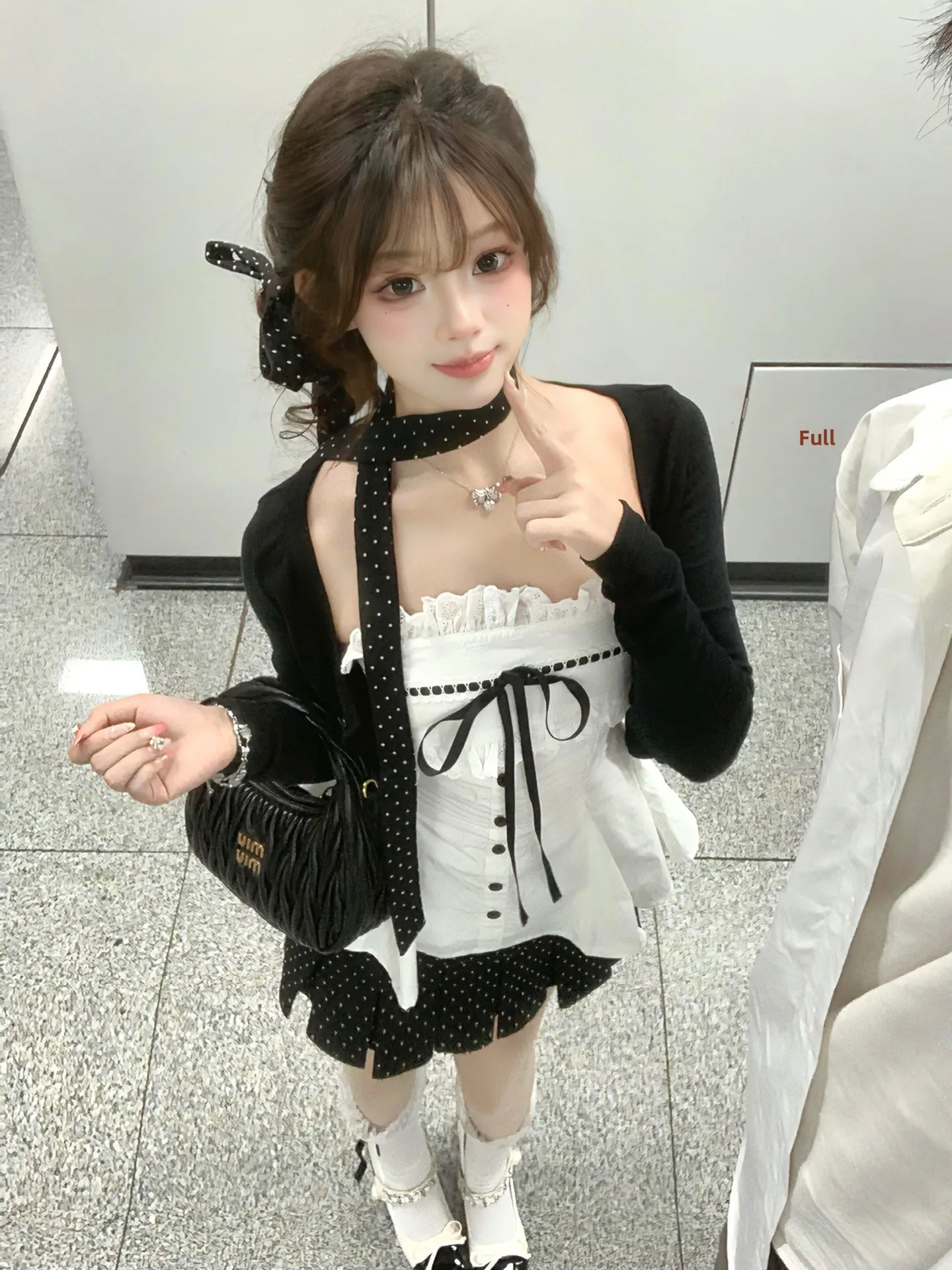 

Korean Sweet Strapless Cardigan Women's Early Spring College Style Outfit a Set of Polka Dot Pleated Short Skirt Three Piece Set