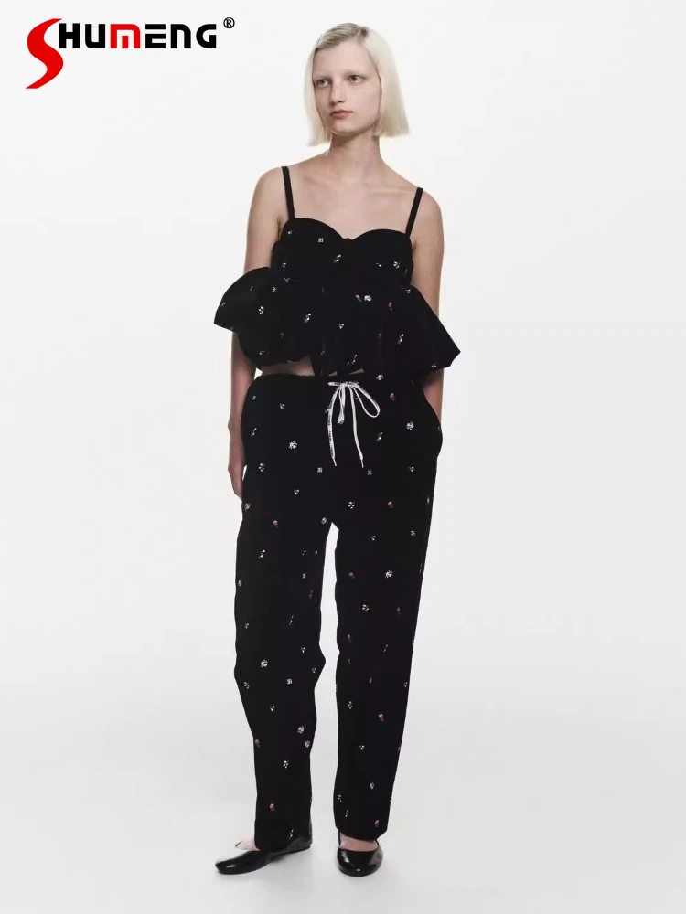 

Модные черные брюки в японском стиле, осенне-зимний новый женский комплект с растительной цветочной вышивкой, прямые брюки с эластичной резинкой на талии, жилет