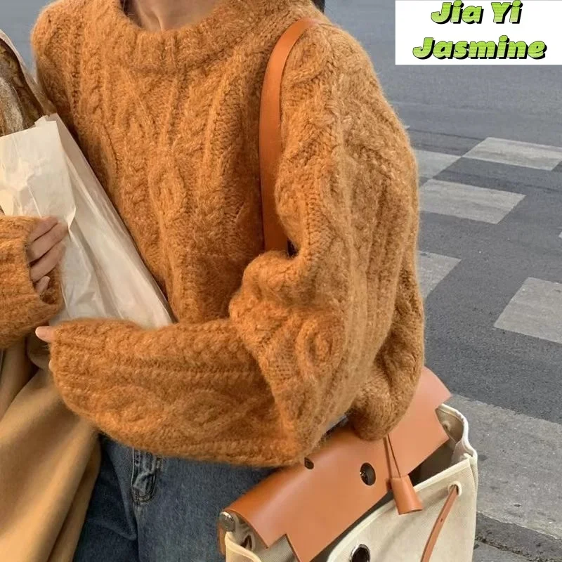 

Japanese Retro Orange Round Neck Pullover Short Sweater Women's Fried Dough Twists Winter Wear Loose Lazy Style Knitwear