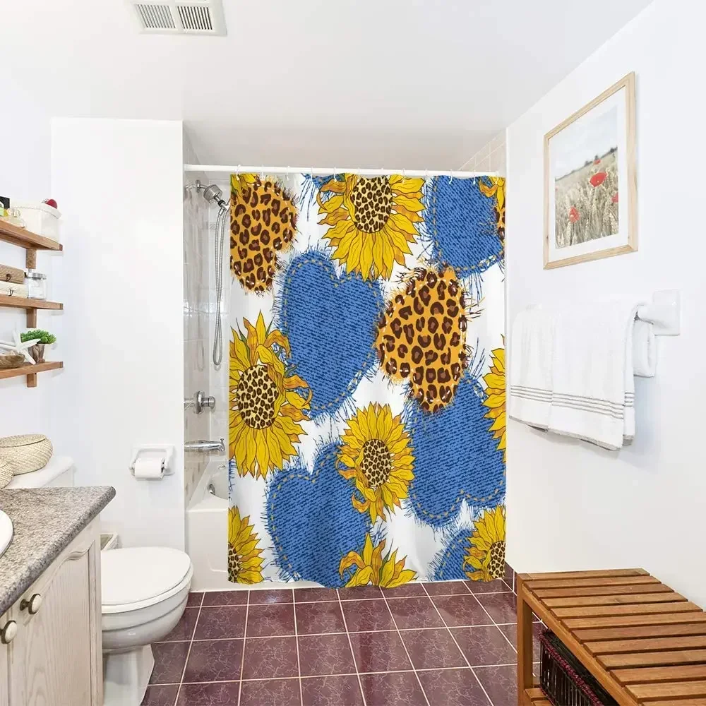 Soap Resistant Yellow Sunflowers Zebra Blue Heart Jeans Effect Plant Bathroom Curtain