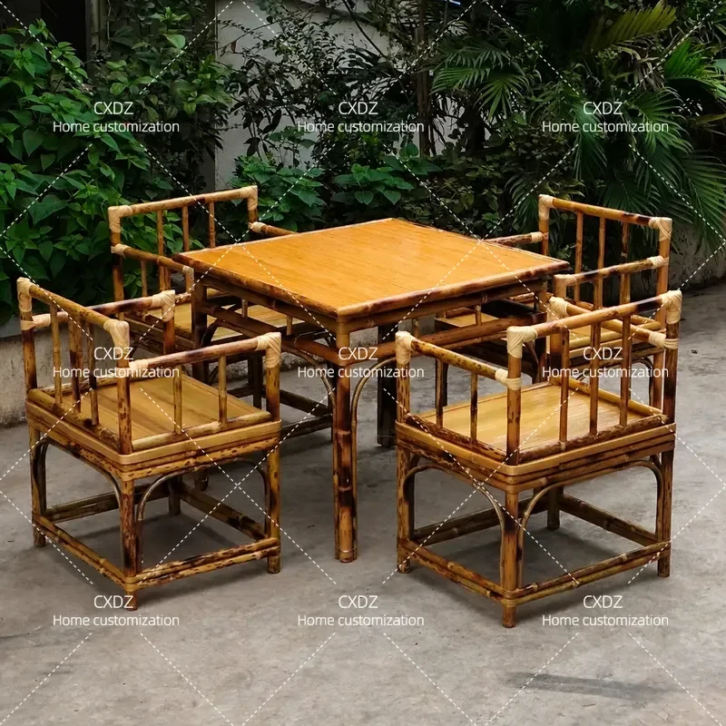 Bamboo Square Dining Table with Surrounding Stove Retro Tea Brewing Set Woven Chair and Stool Combination Zen Style Coffee