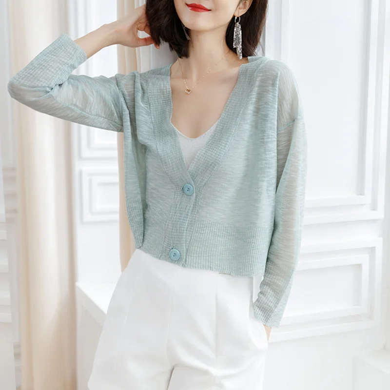 

Women's Ice Silk Knitted Cardigan Short Loose Thin Spring Summer Jacket Sun Protection Suspender Shawl Top