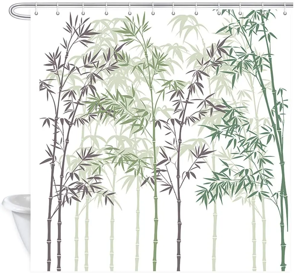 Leaves Shower Curtain Hand Painted Background with Bamboo Forest Bathroom Curtain Polyester Fabric Bath Curtains Set with Hooks