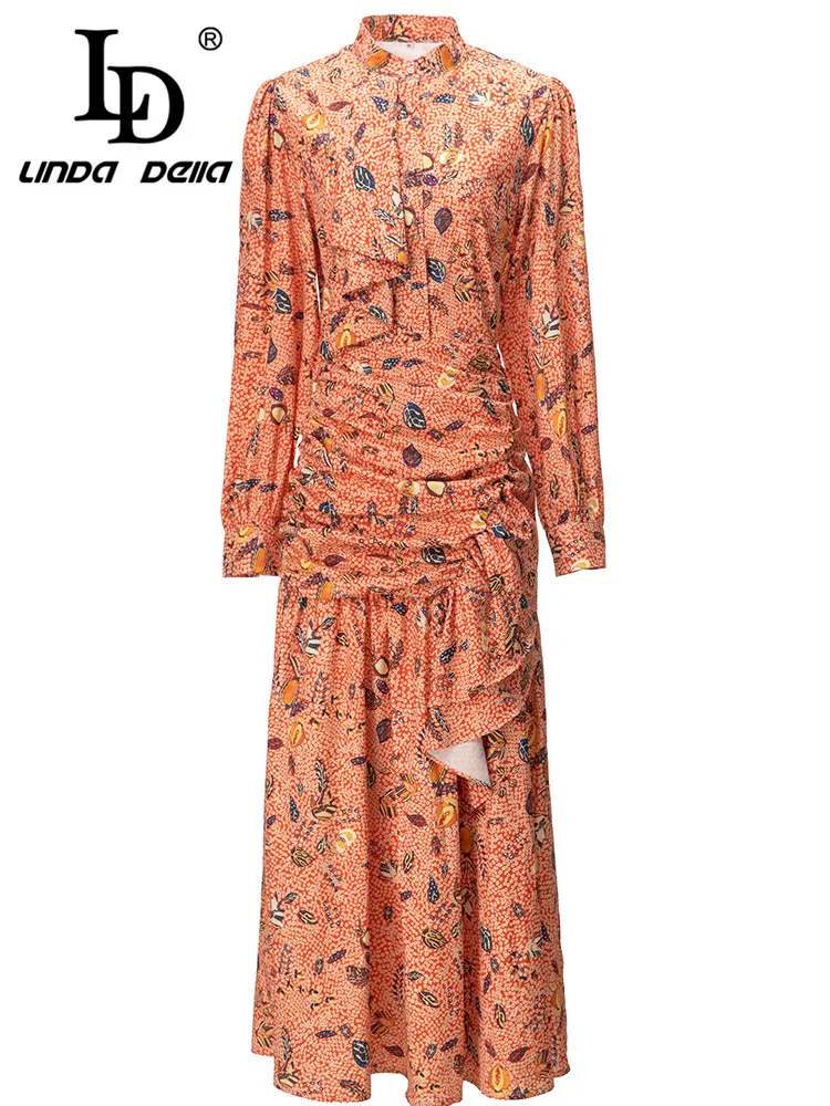 

LD LINDA DELLA 2023 Autumn Italian Luxury Dress Women's Long Sleeve High Waist Print Pleating Patchwork Elegant Party Dress