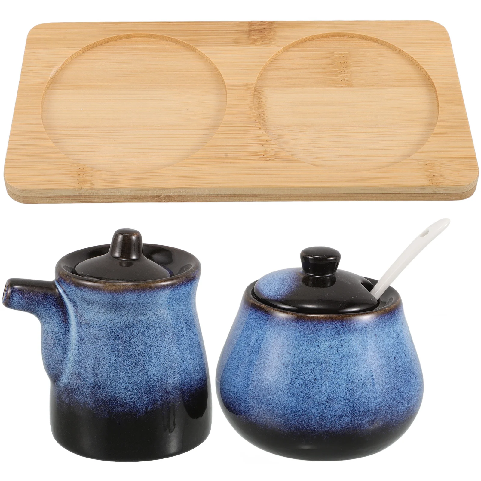 

1Set Japanese Ceramic Soy Sauce Dispenser Vinegar Bottle Seasoning Jar Sushi Porcelain Sugar Bowl Lid Spoon Wood Tray