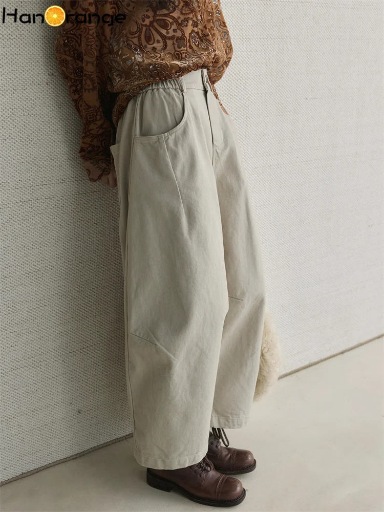 HanOrange 2025 الشتاء الرجعية الصوف الكربون المصقول القطن منحني سكين الكاحل طول السراويل النساء فضفاضة سميكة بنطلون