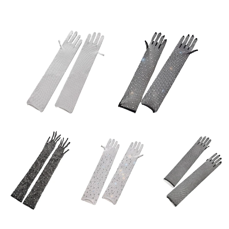 

1 Pair Mesh Full Finger Long Arm Sleeves Sexy Rhinestones Gloves for