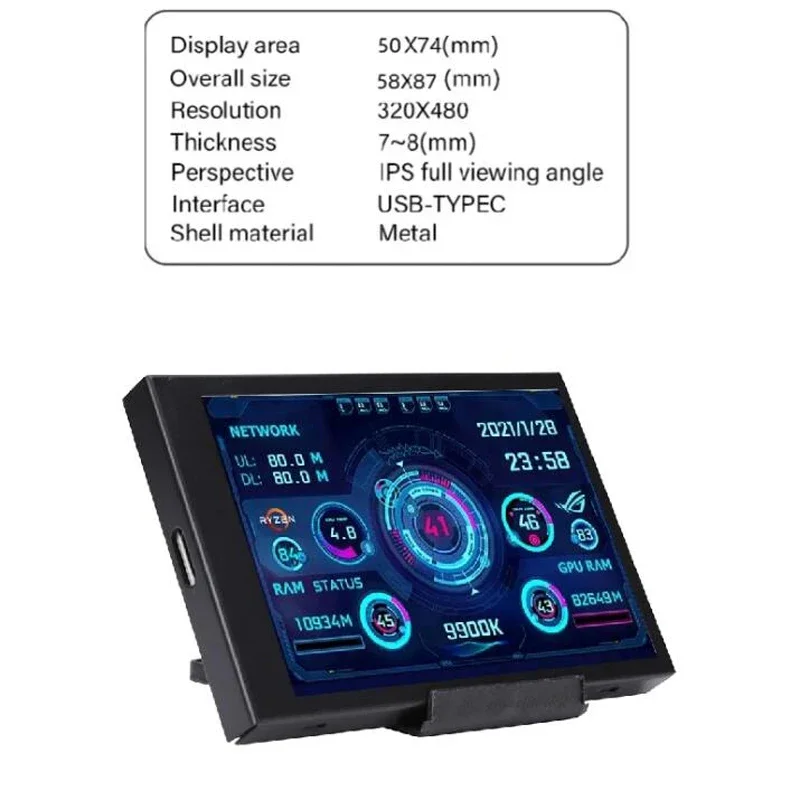 New 3.5 Inch IPS TYPE-C Secondary Screen Computer CPU GPU RAM HDD AIDA64 MonitorUSB Display