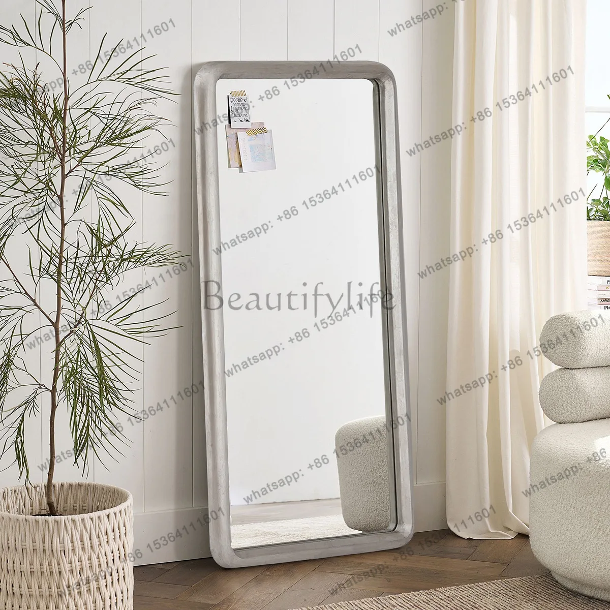 Light wood frame simple floor mirror dressing French cream style full-body fitting mirror