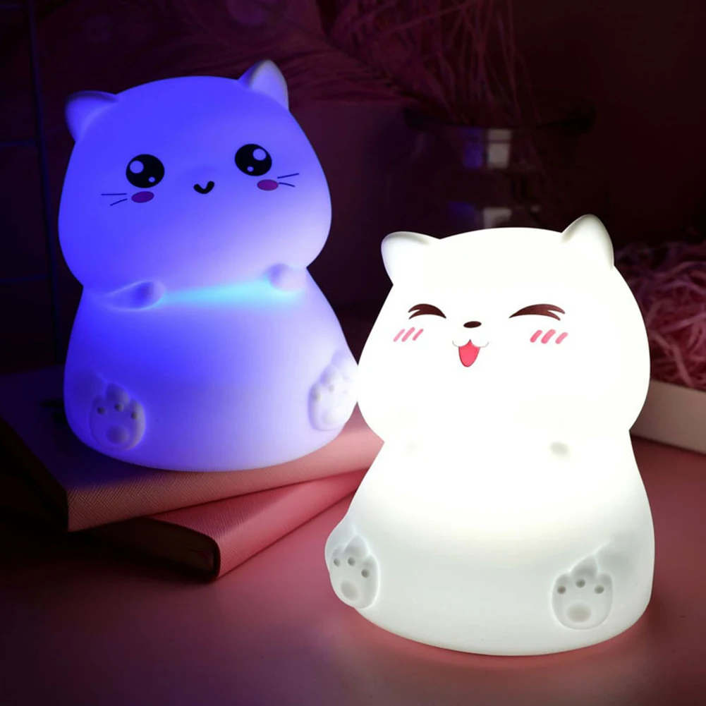 어린이용 LED 야간 조명, 부드러운 실리콘, 귀여운 고양이 테이블 램프, 다채로운 터치, 조도 조절, USB 충전식, 침실용 야간 램프