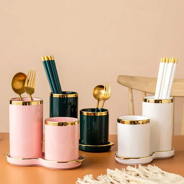 Ceramics Chopstick Holder Two-piece Suit with Base Kitchen Supplies Chopsticks Drain Rack Cutlery Storage Box Chopsticks Basket