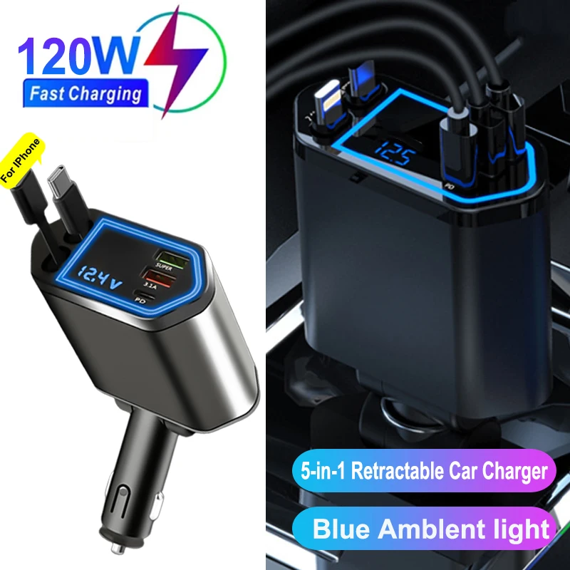 

Выдвижное автомобильное зарядное устройство 120 Вт, 5 в 1, кабель USB C, 3 порта с выдвижными шнурами и дисплеем напряжения для IPhone Huawei Samsung