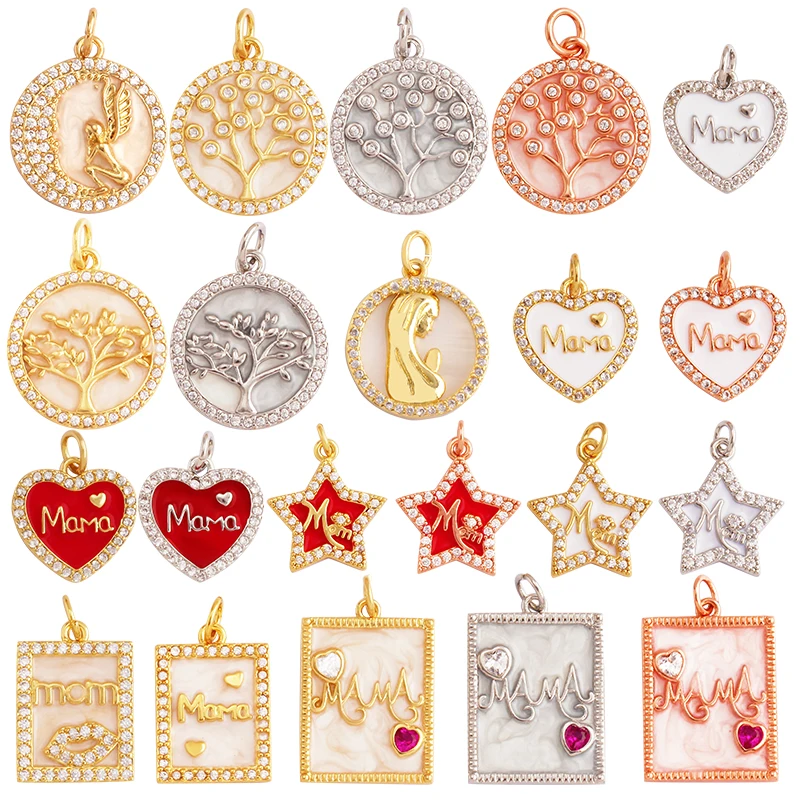 Fine Love Heart Star Life Tree Angel Wing MAMA MOM Charm Pendant,Trendy Gold Plated Cubic Zircon Necklace Jewelry Supplies M18