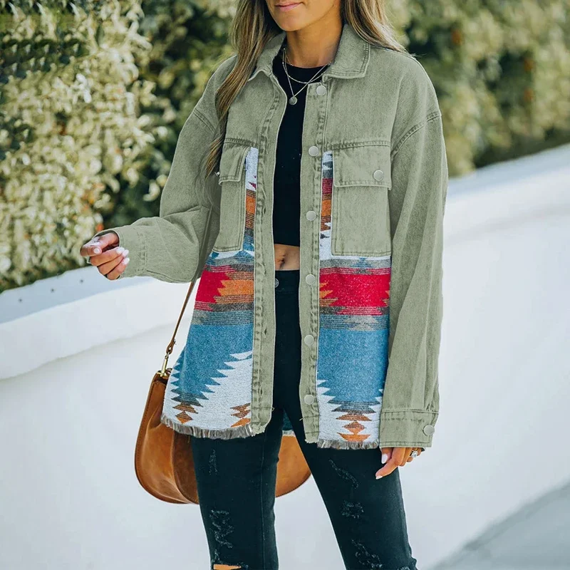 

2024 Autumn and Winter New Denim Patchwork Woolen Coat Retro Furred Mid-length Jacket Women Denim Jacket Women Coat Women