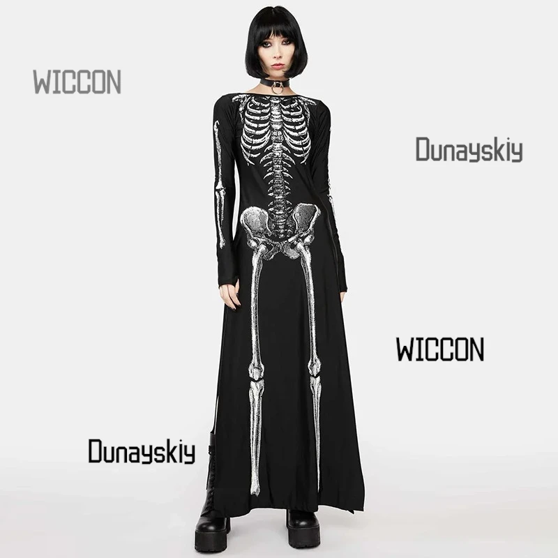 

Gothic Y2K Maxi Dress - Halloween/Christmas/Easter/Oktoberfest Versatile Skull Print Dress
