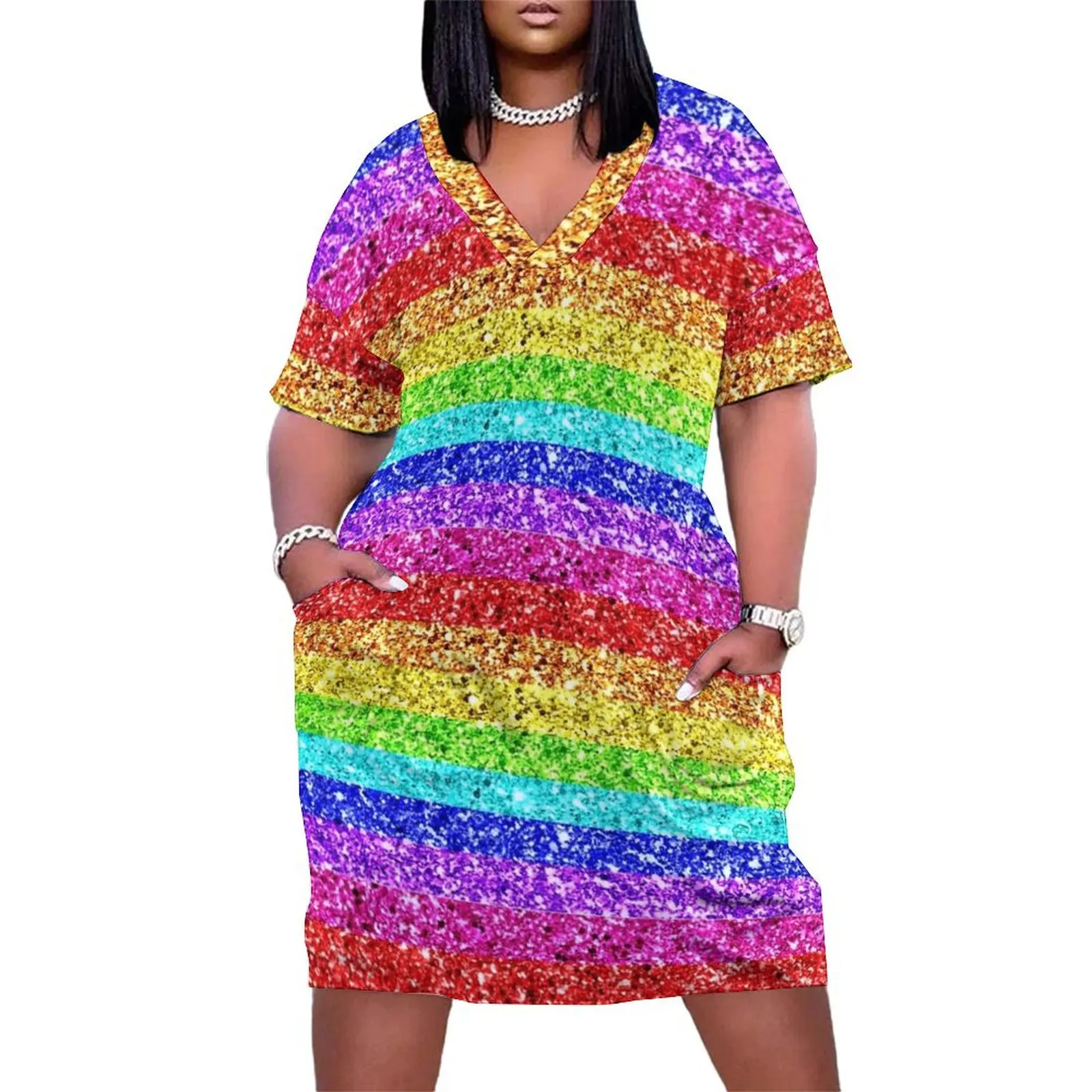 

Rainbow Glitter Loose Pocket Dress summer dress woman 2025 festival outfit women