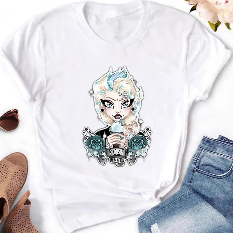 Prinzessin Punk Elsa Anna drucken Frau Kleidung T-Shirt lässig lustige Frauen T-Shirt y2k Frauen lässig Harajuku T-Shirt