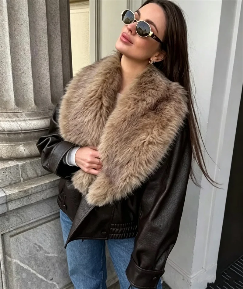 Guobioziy Women's Jacket 2026 Winter New Fashion Loose Removable Fur Collar Double-Breasted Faux Leather Jacket