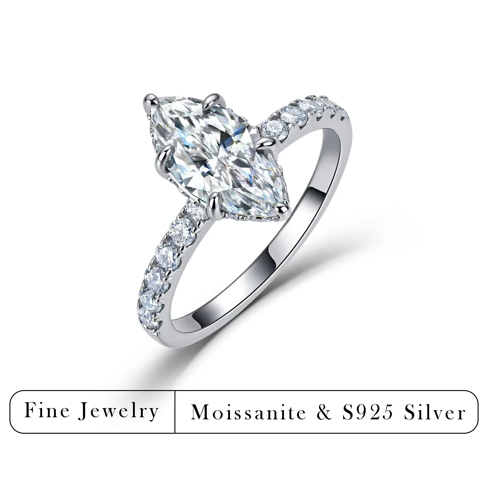 2.5CTW Marquise‑Cut Moissanite Ring S925 Sterling Silver Side Paved Band Wedding Engagement Finger Rings For Women Fine Jewelry