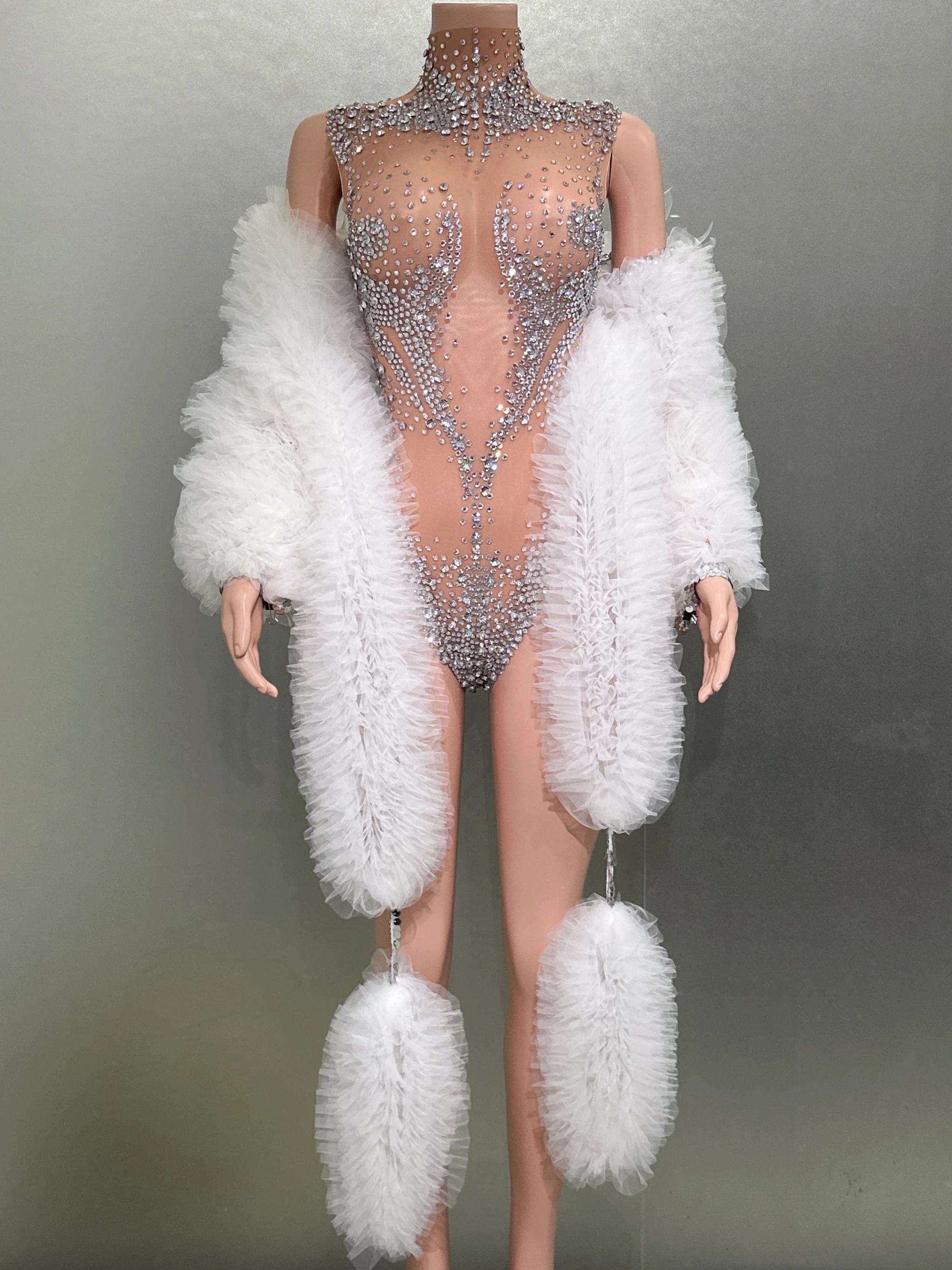 Luxury Diamonds Sexy See Through Sleeveless Sheath Bodysuit Evening Party Performance Costume Nightclub Singer Dancer Stage Wear