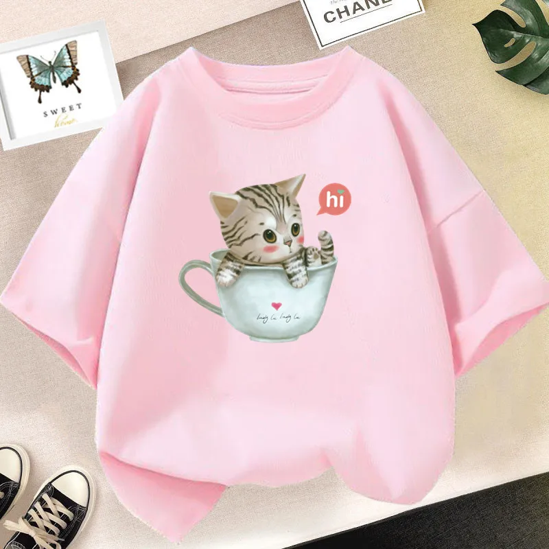 Cute Cat  T-shirt in Cup Summer Short Sleeve Casual Tees Girls Top Kids Kawaii Clothing