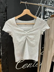 Folds Lace Trim Slim Cropped T-Shirts Summer V-neck Bow Short Sleeve Woman Tee Shirts Casual Sweet Cotton Crop Tops Y2k Clothes