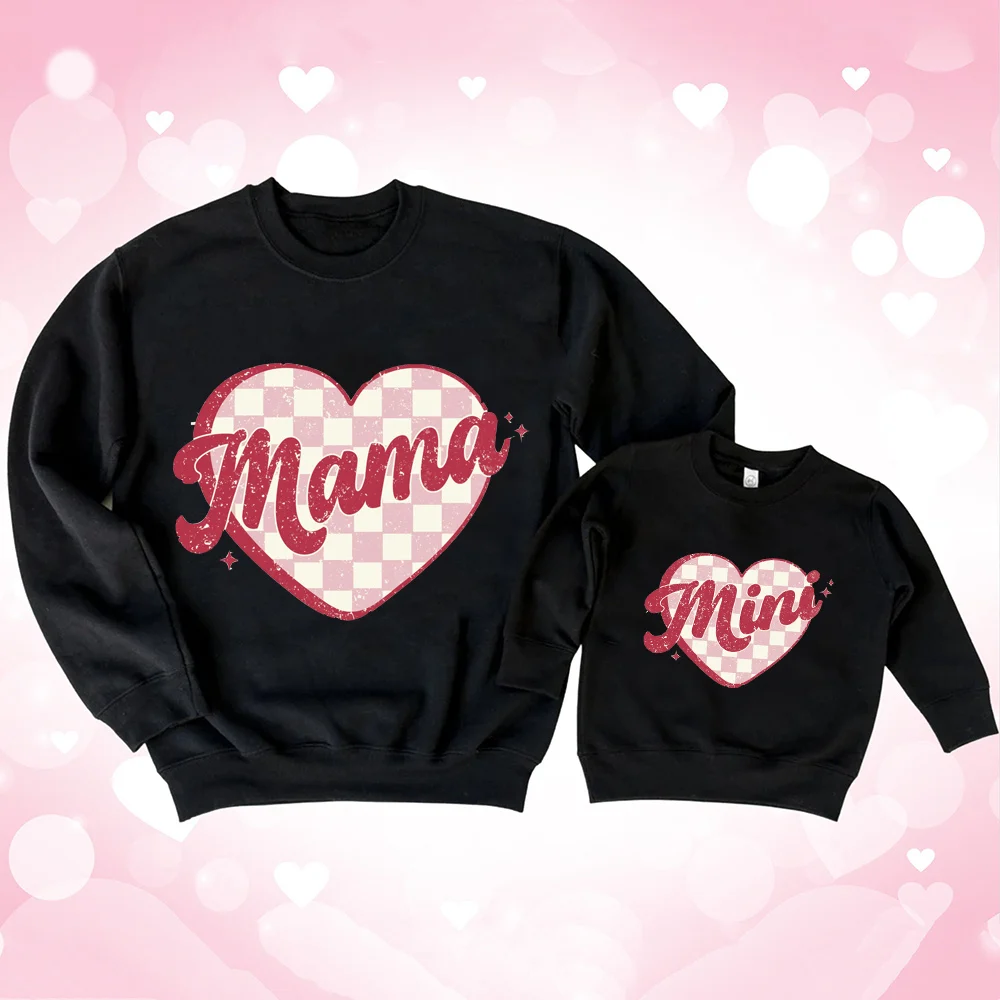 Mama Mini Love Print Pullover Sweatshirt Valentine's Day Family Matching Outfits Long Sleeve Tops Mother Kids Valentines Gift