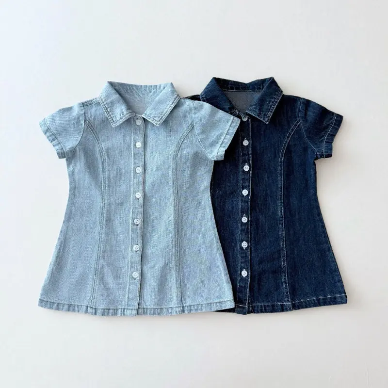 

2026 Summer New Girls Denim Dress Children Short Sleeve Casual Dress Baby Girl Jeans Dress Toddler Cute Princess Dress