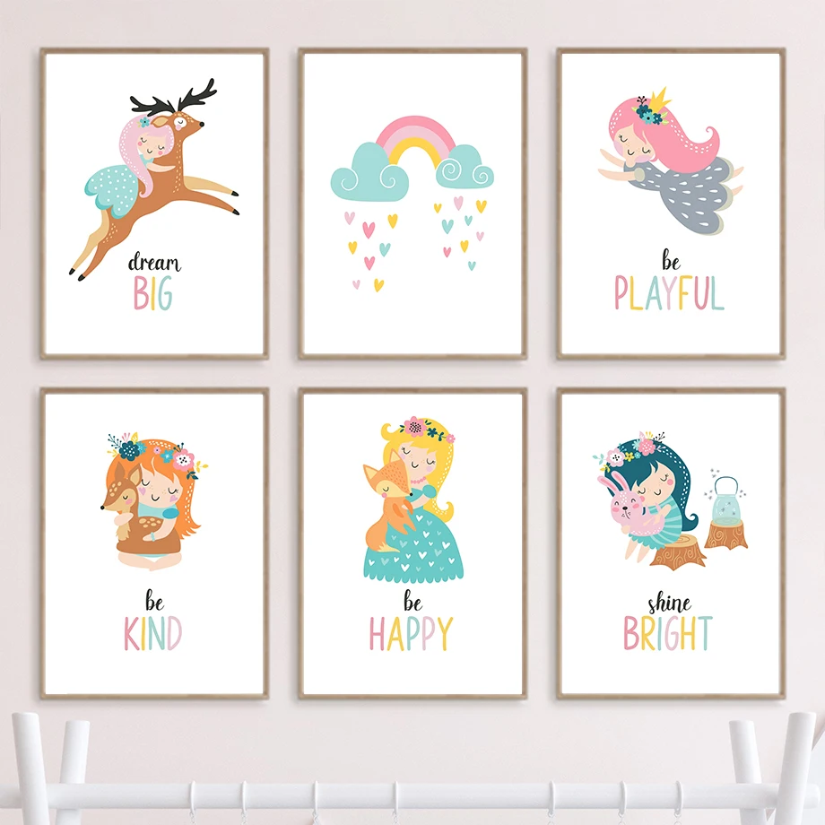 

Cartoon Little Girl Deer Fox Rabbit Rainbow Nursery Wall Art Mural Canvas Painting Posters Prints Pictures Baby Kids Room Decor