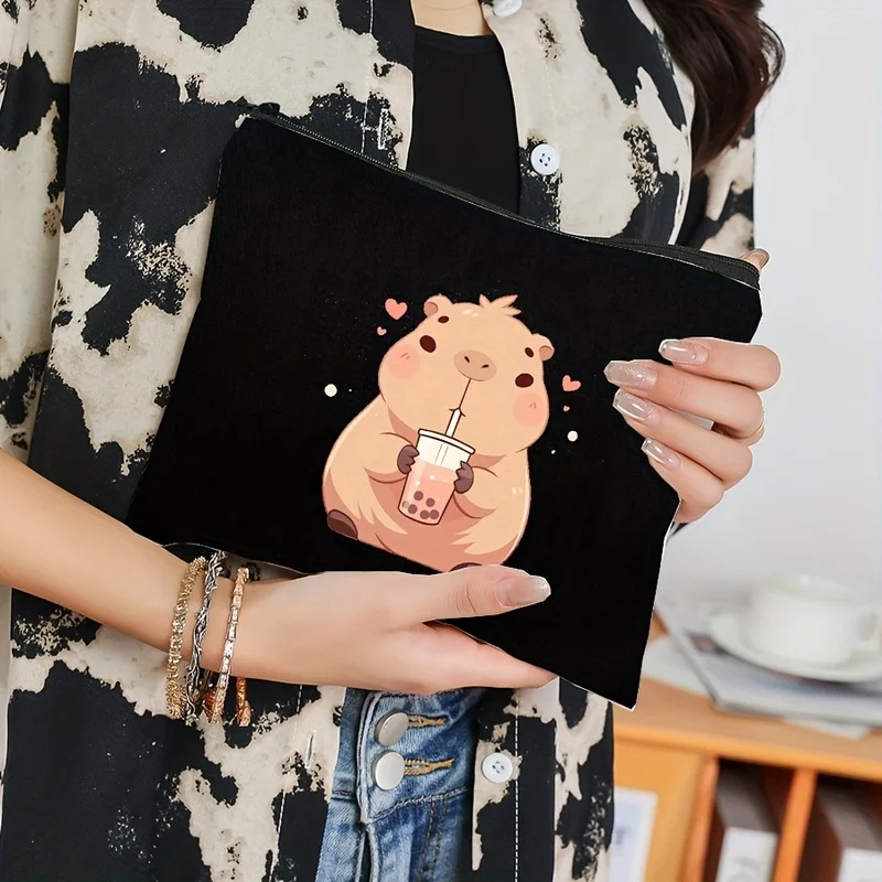 Cute Capybara Travel Bag，Black Zippered Cosmetic and Toiletries Storage Bag，Lightweight and Foldable，For Ladies、The Perfect Gift