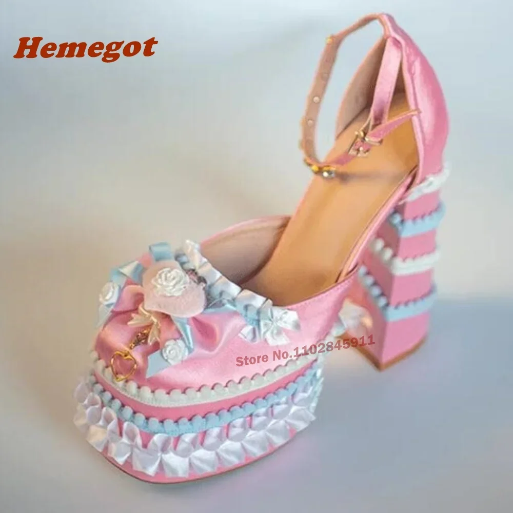 Spicy Girls Platform Chunky Heels Sandals Round Toe Lace Satin Pleated Edge Color-Matching Buckle Women\'s Sandals Lolita Sexy