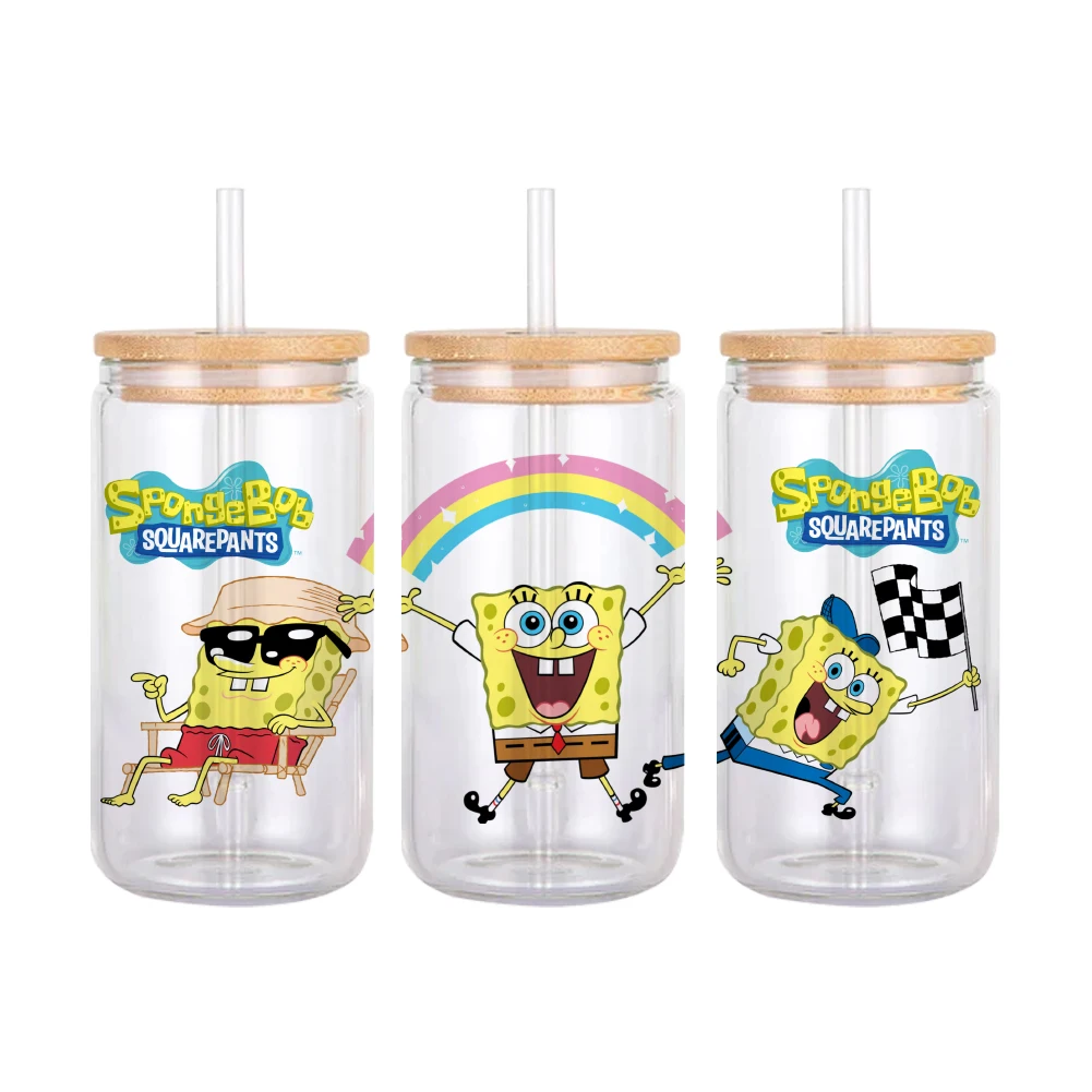 W Cartoon SpongeBob Pattern UV DTF Transfer Sticker Waterproof Transfers Decals For 16oz Glass Cup Wrap Stickers