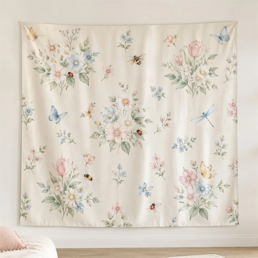 VIKAMA Flower and Insect Study Clustered Groups Tapestry Wall Hanging, Korean Wall Decor Tapestries for Living Room Bedroom