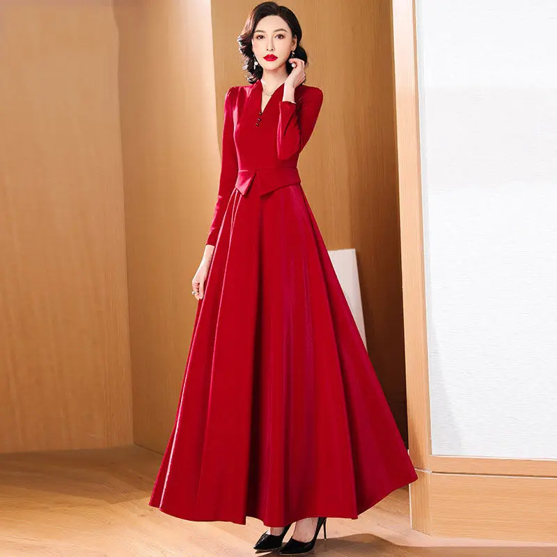 

Autumn Women Vintage Casual Midi Party Red Dress Long Sleeve A-Line Elegant Slim Vestidos Female Fashion Outerwear Robe V239