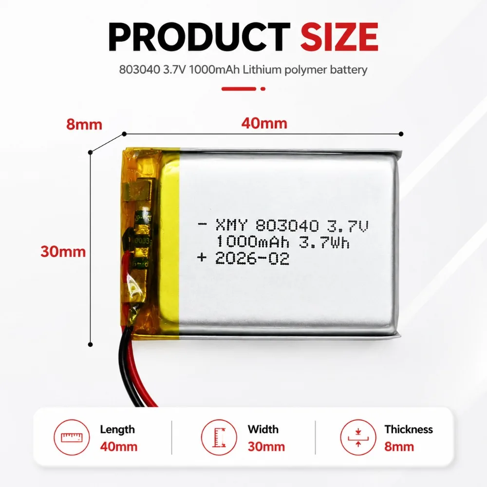 803040 3.7V 1000mAh Rechargeable Polymer Lithium Battery for Navigator Speaker MP3/4/5 DVD GPS VR DVR Player Power Bank Electric