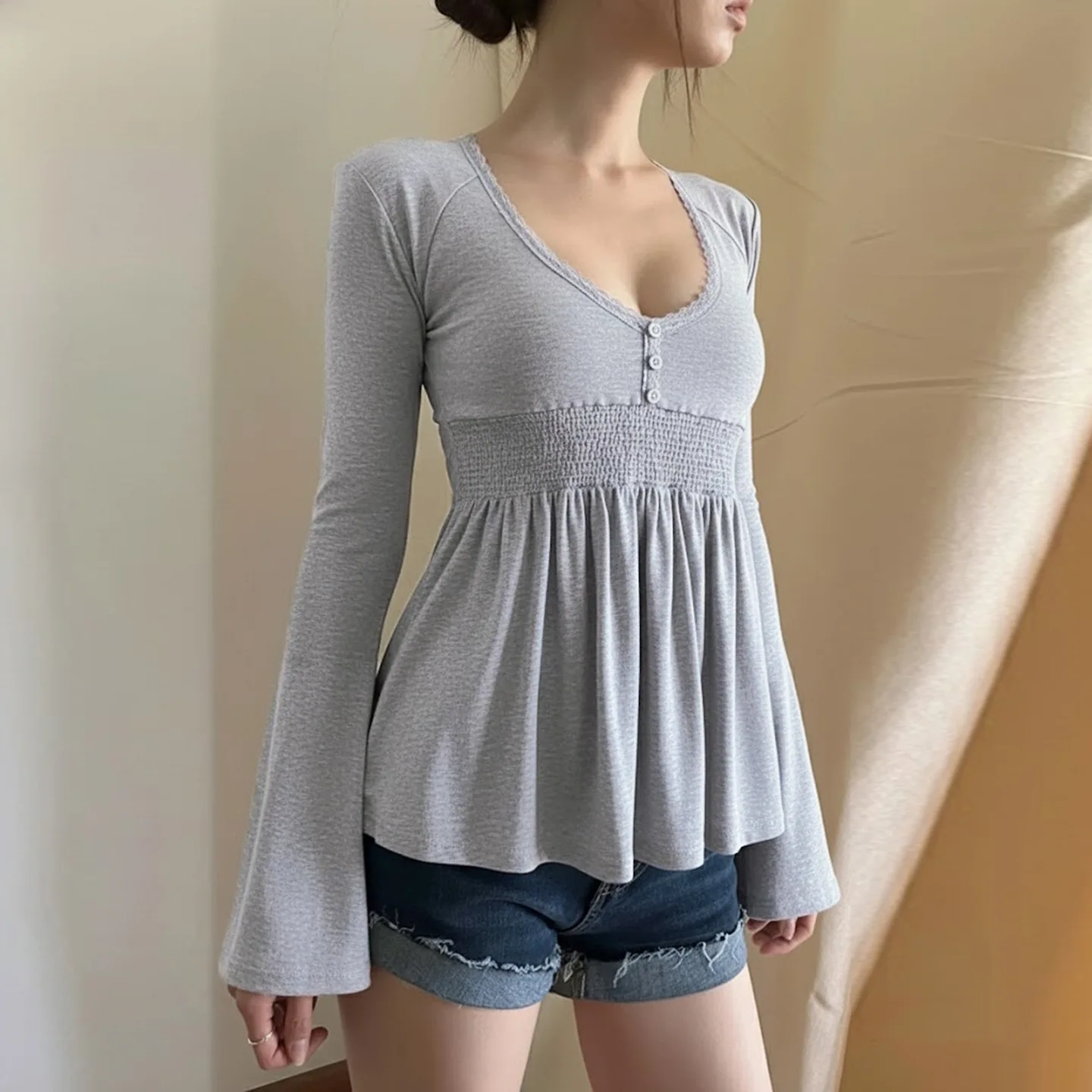 Women Knitting Sweater 2025 New French Chic Blouse Lace Paneled Low Neck Bell Sleeve Waist Cinching A Line Top image 3