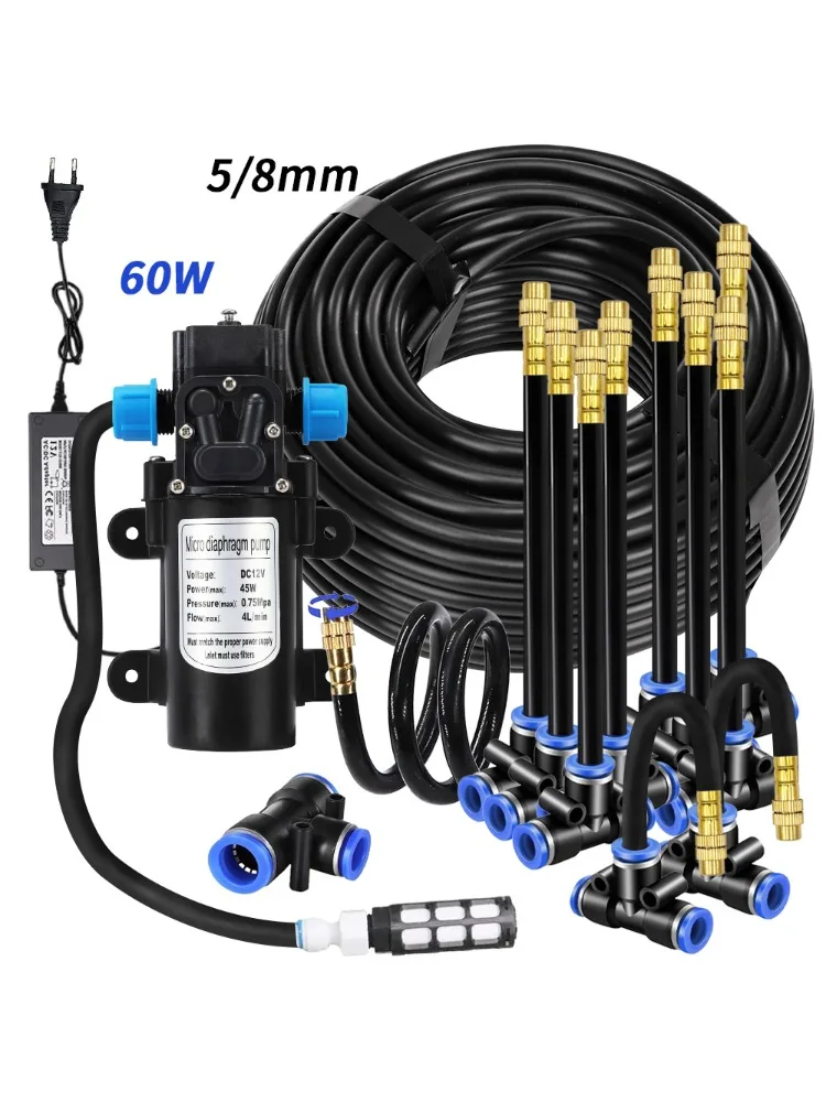 정원용 5/8mm PE 호스 분무기 키트 (60W 자흡식 펌프, 20cm 범용 황동 노즐 포함) 가제보 식물용 미스팅 관수 시스템