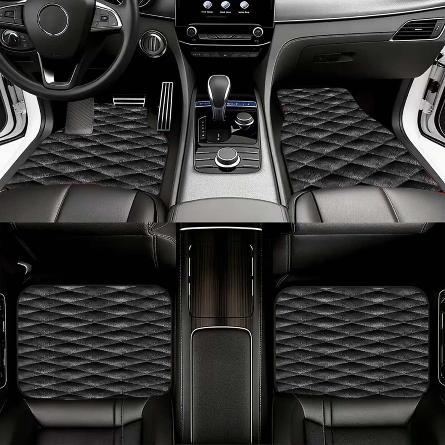 4pcs Car Floor Mats, Rhombus Pattern Dark Gray/Black With Silvery/White Filigree, Material, Ornate Symmetrical Design, For Car I