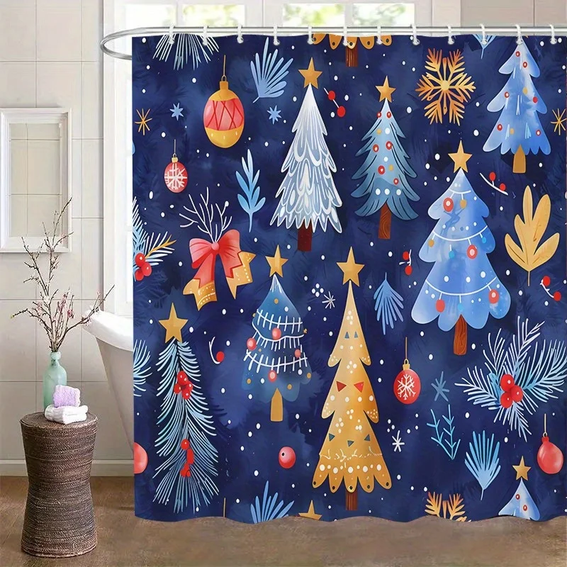 

Рождественская занавеска для душа с крючками - темно-синий праздничный декор для ванной комнаты, высококачественная тканевая занавеска для ванной с сосновыми деревьями