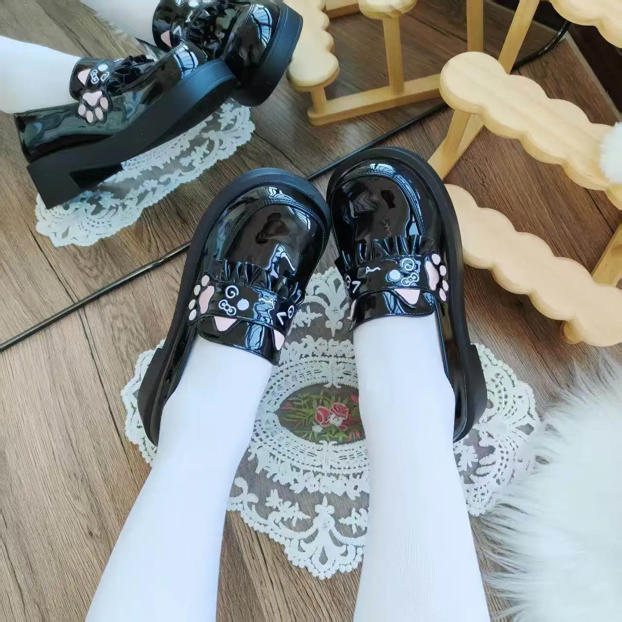 Lolita Girl Kawaii Cat Embroidery Lolita Loafers Leather Platform Shoes Sweet Student Jk Uniform Shoes For Women