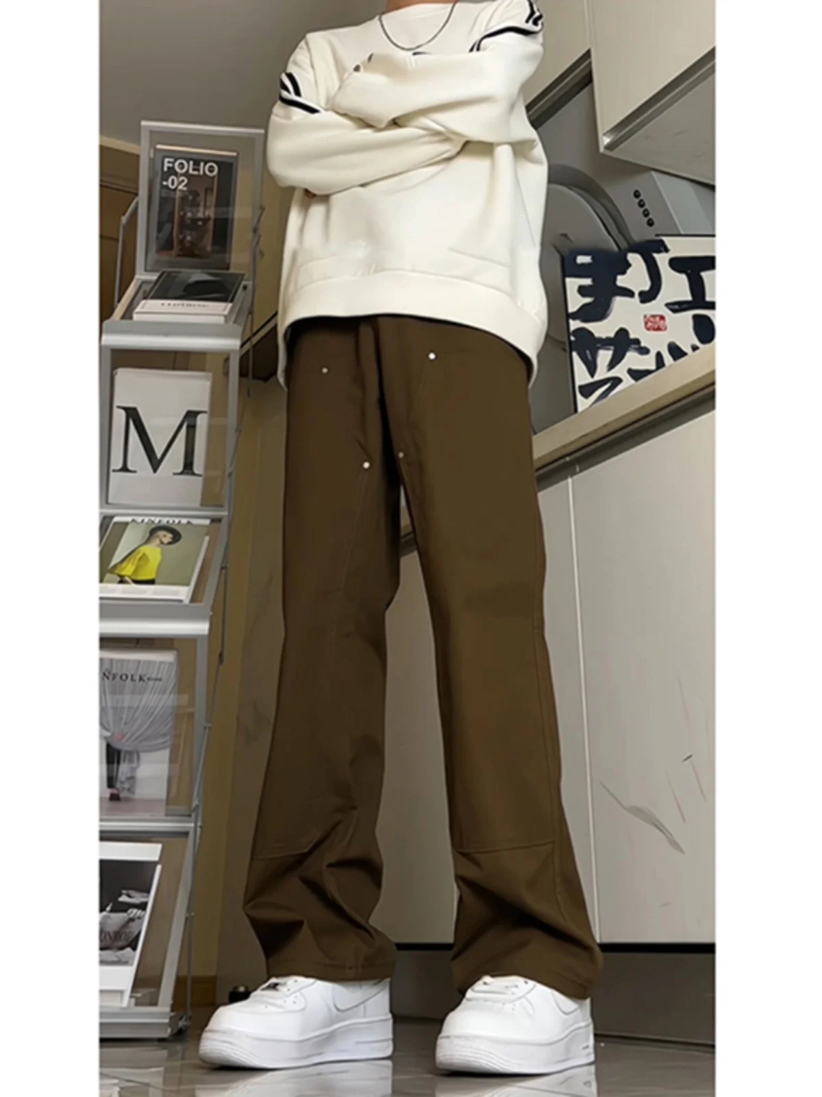 

Kahate B0 Vintage Coffee Color Men's Pants Trendy Street Sle American Vibe Micro Flared Jeans Low Waist Zipper Closure