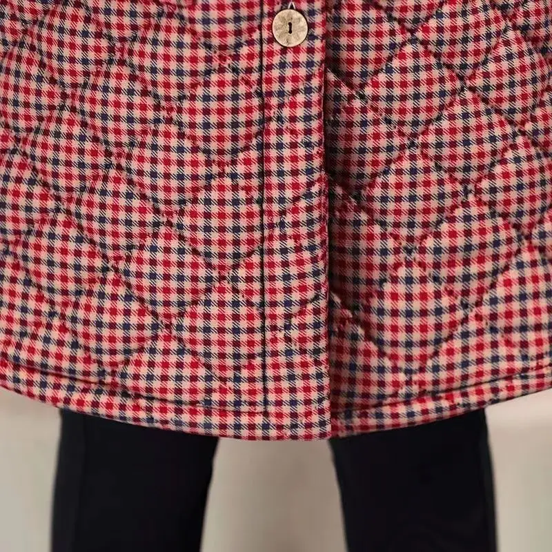 Veste en coton avec capuche épaisse en velours, nouvelle veste chaude en coton mi-longue à carreaux pour l'hiver