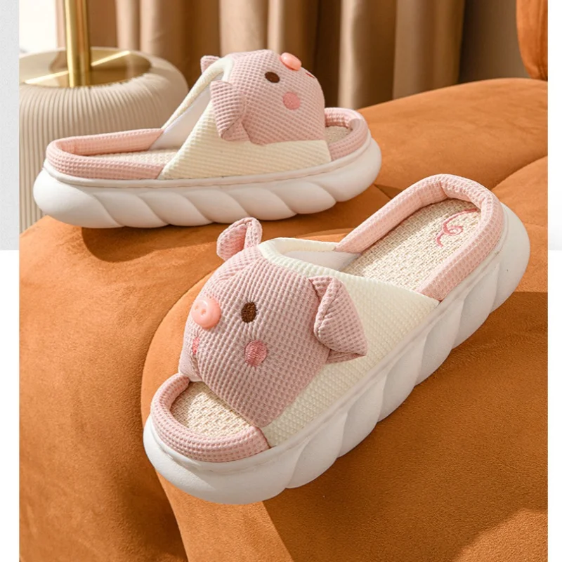 Slippers for Women Linen Cotton Home Shoes Thick Soft Sole Lovely Pig Non-slip for Outdoor for Four Seasons