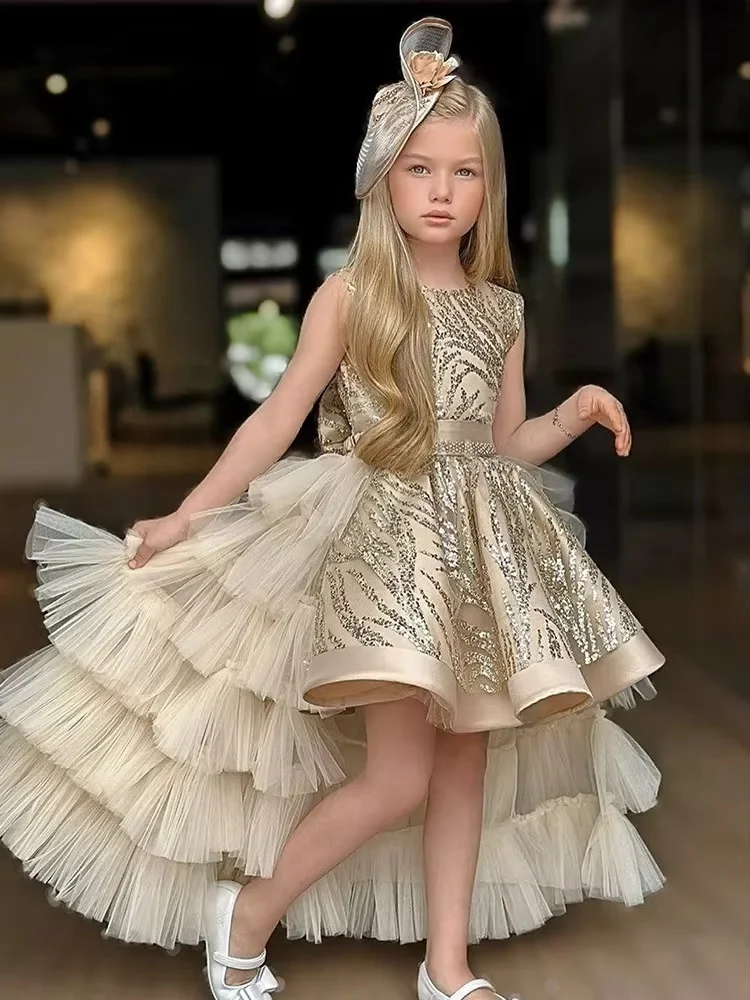 Girls Evening Dress Sleeveless Sequined Embroidery Gown Tiered Tulle Asymmetric Hem Formal Party Dress Kids Pageant Costume Wit image 4