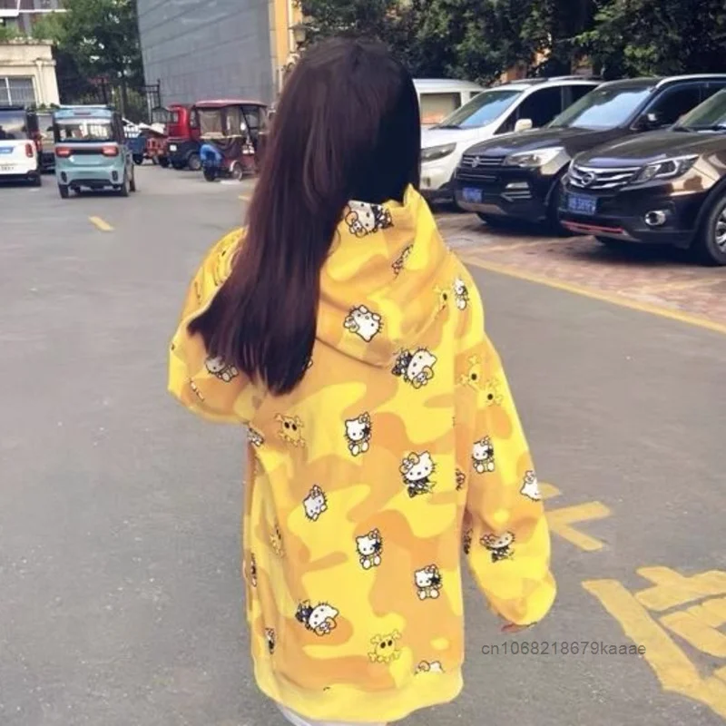 Sanrio Hello Kitty Cute Full Print Yellow Hooded Sweatshirt Women Spring Autumn Fashion Loose Hoodies Japanese Style Kawaii Coat